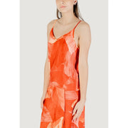 Vila clothes women slip dress with vibrant orange and peach abstract brushstroke print and thin spaghetti straps in viscose blend