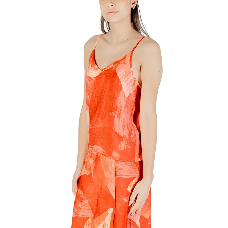 A vibrant orange sleeveless Vila clothes women tank top with v neck and abstract brushstroke pattern in viscose blend