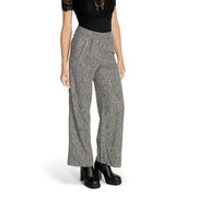 High-waisted wide-leg vila women trousers in textured gray and black herringbone with zip back pockets shown from back side