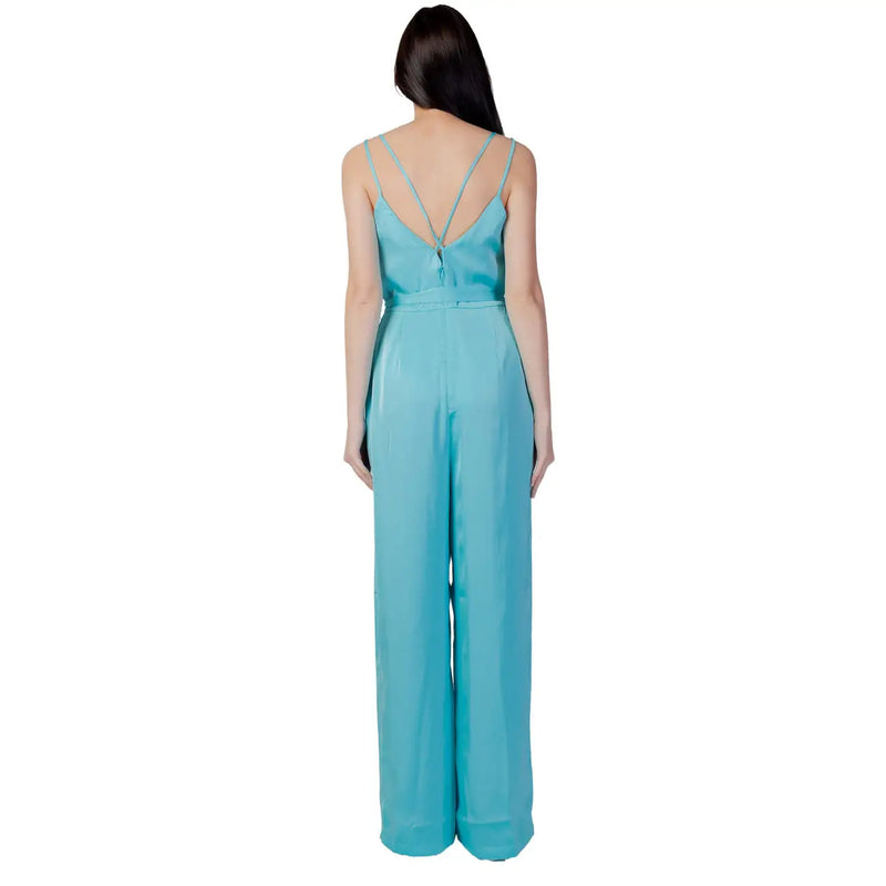 Vila Clothes women’s light blue satin jumpsuit with v-neck thin crisscross straps and fitted waist