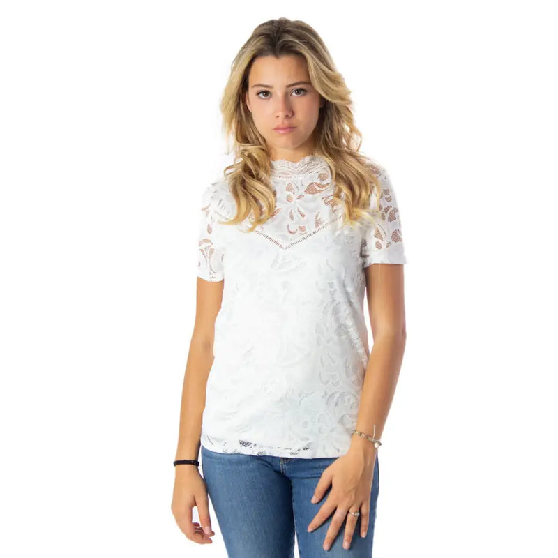 White lace short-sleeved top with delicate floral patterns and high neckline from Vila Clothes women’s collection