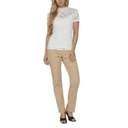 Vila clothes women’s white t-shirt with playful print featuring white lace top with short sleeves and high neckline