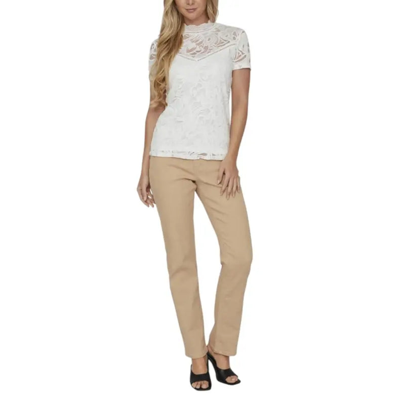 Vila clothes women’s white t-shirt with playful print featuring white lace top with short sleeves and high neckline