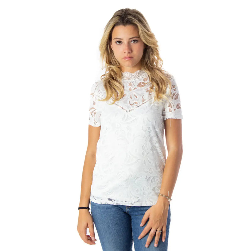 White lace short-sleeved top with delicate floral patterns and high neckline from Vila Clothes women’s collection