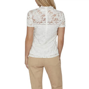 White lace short-sleeved top with floral pattern and high neckline from Vila Clothes women’s collection