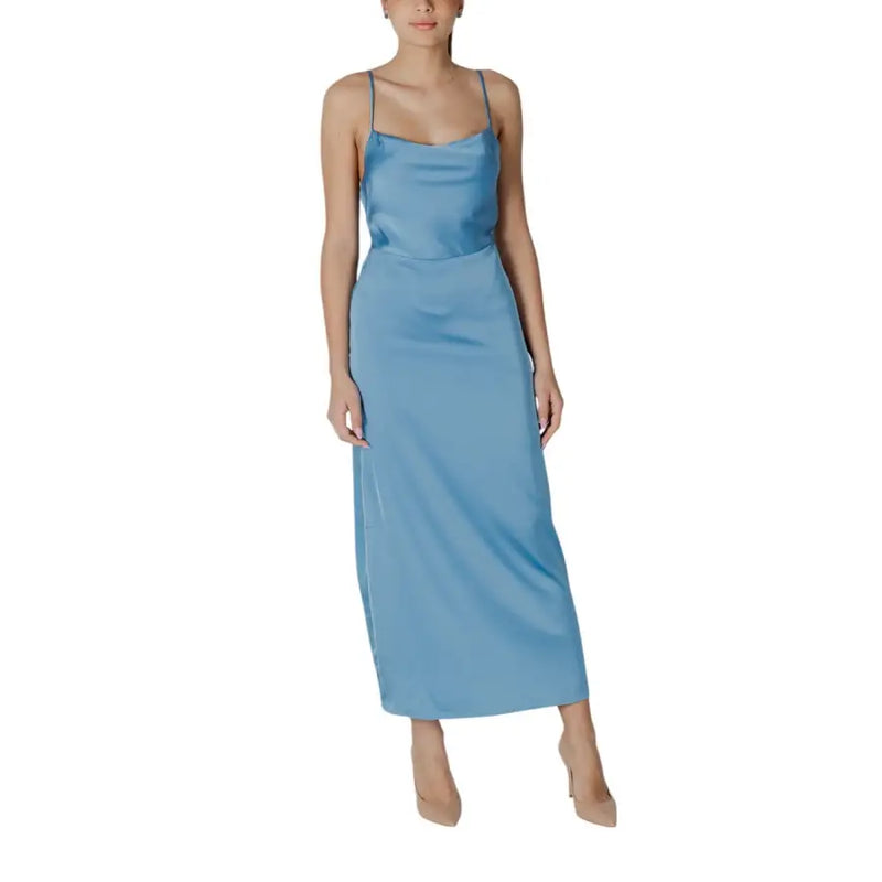 Vila turquoise polyester dress with square neckline in sleek light blue satin slip design and fitted silhouette