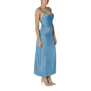 A sleek light blue satin Vila turquoise polyester maxi dress with thin spaghetti straps and a cinched waist