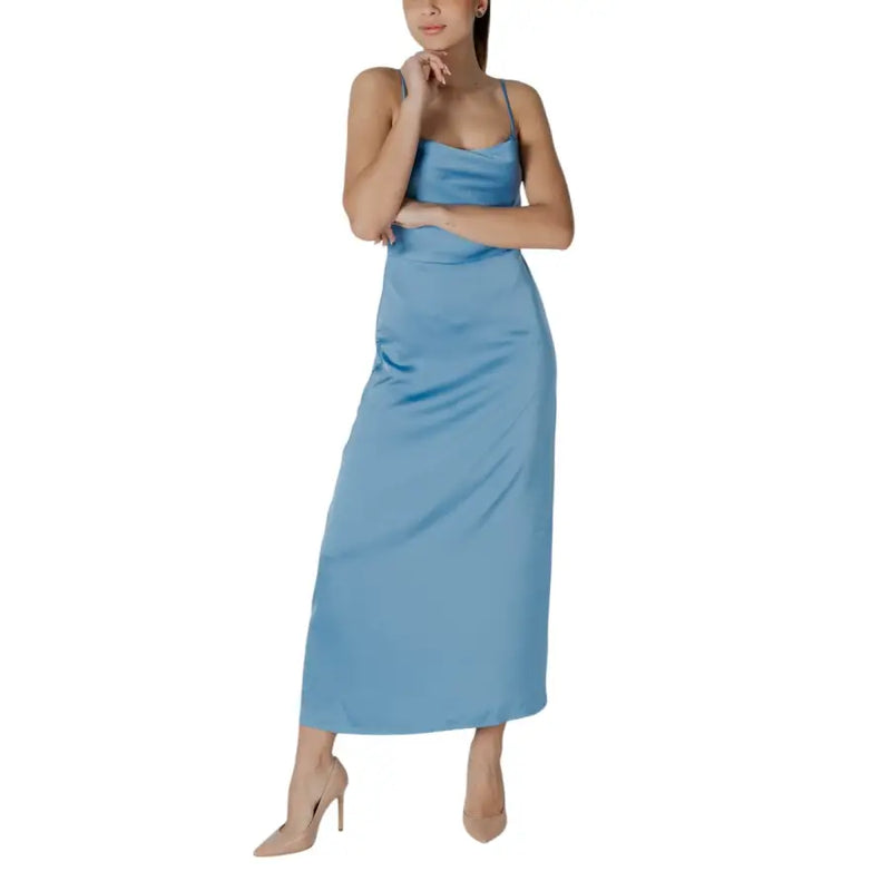 Vila turquoise polyester dress with square neckline featuring a sleek light blue satin slip design with thin straps