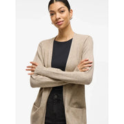 Beige textured knit cardigan by Vila for women with ribbed cuffs viscose blend and front pockets