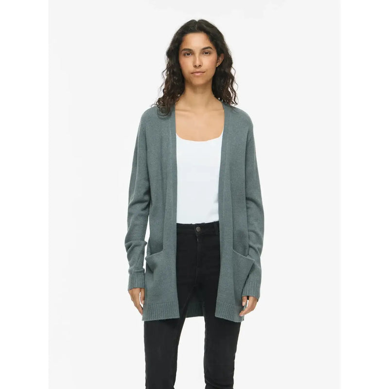 Vila women green cardigan in soft muted teal viscose blend knit with ribbed cuffs and hem for long fall wear