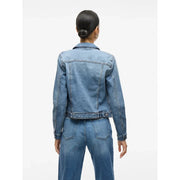 A medium-wash denim jacket with classic collar and buttoned cuffs in vila women light blue cotton blend blazer long fit style