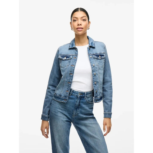 Blaue Jeansjacke mit klassischer Knopfleiste und Brusttaschen von Vila Women, hellblauer Blazer aus Baumwollmischgewebe, lange Passform
