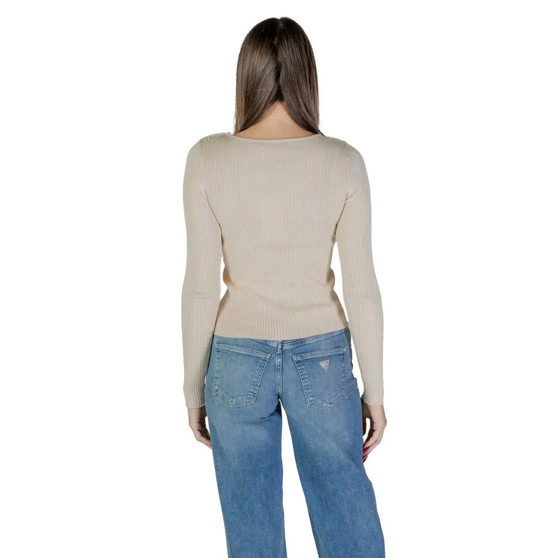Beige ribbed long sleeve sweater with round neckline from Vila women white knitwear viscose nylon collection