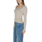 Beige ribbed long sleeve top with square neckline made of viscose and nylon from vila women white knitwear collection