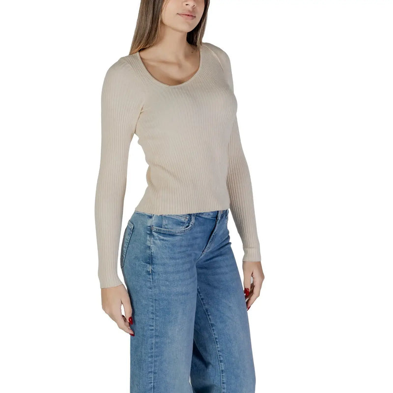 Beige ribbed long-sleeve top with rounded neckline made of viscose and nylon from vila women knitwear collection