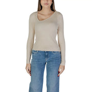 Beige ribbed long-sleeve top with scoop neckline made of viscose and nylon from Vila women white knitwear collection