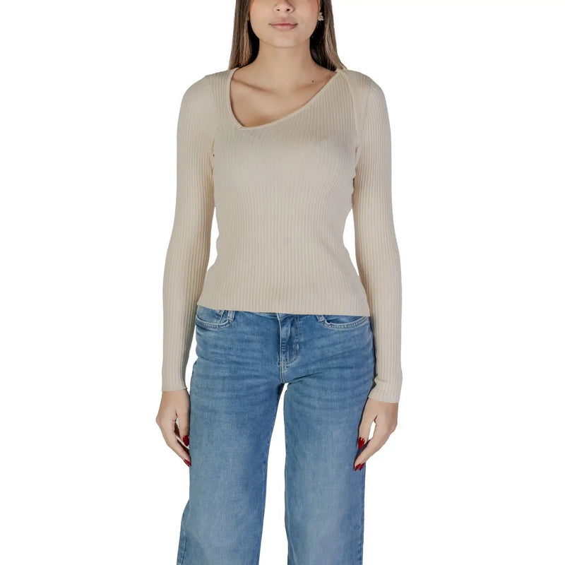 Beige ribbed long-sleeve top with scoop neckline made of viscose and nylon from Vila women white knitwear collection