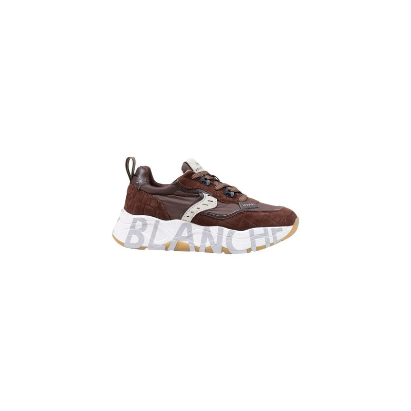 Voile blanche women brown suede sneakers slip featuring brown suede and leather with white chunky sole and gray blanched logo