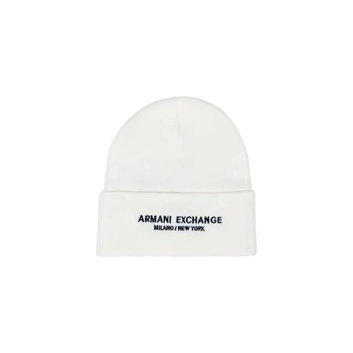 White Armani Exchange beanie displayed on a product labeled Armani Exchange Black Knit Beanie