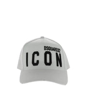 White baseball cap featuring ICON and DSQUARED2 branding for fashionable headwear