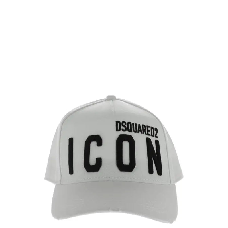 White baseball cap featuring ICON and DSQUARED2 branding for fashionable headwear