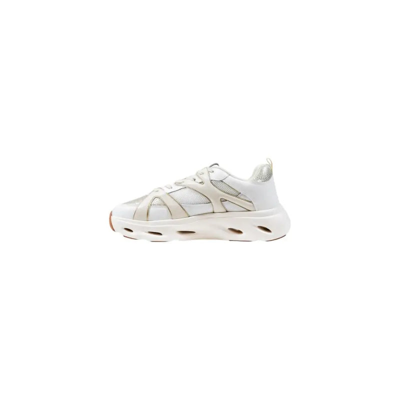 White and beige women’s athletic slip-on sneakers with intricate lacing and textured heel