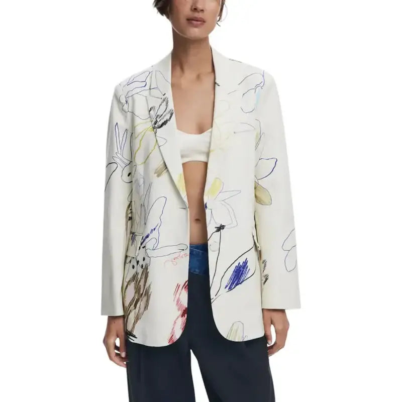 Desigual Weißer Blazer mit Blumenmuster und V-Ausschnitt für Damen Herbst Winter