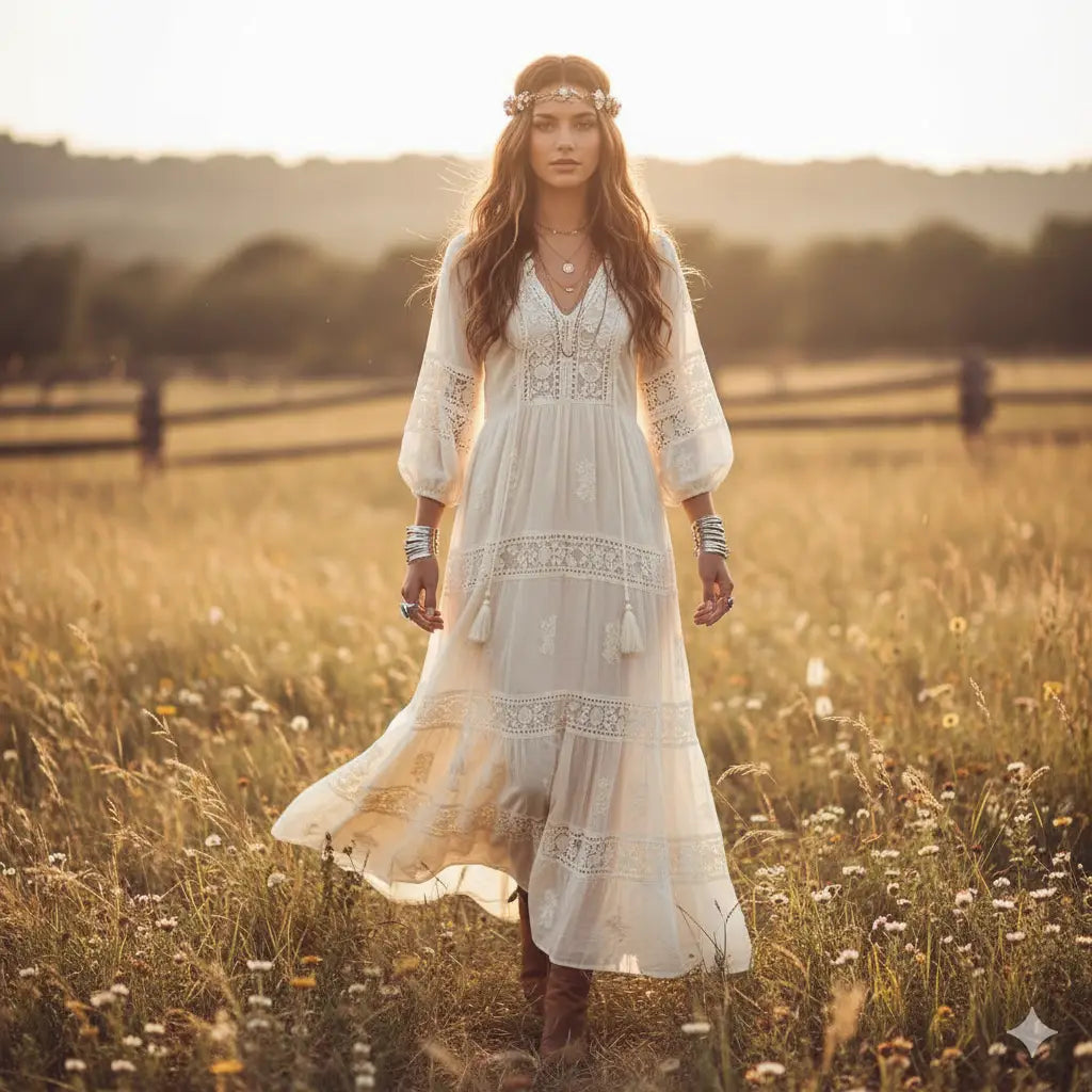Robe longue en dentelle bohème blanche ornée d'un chapeau de cowboy, d'une couronne florale et de colliers superposés