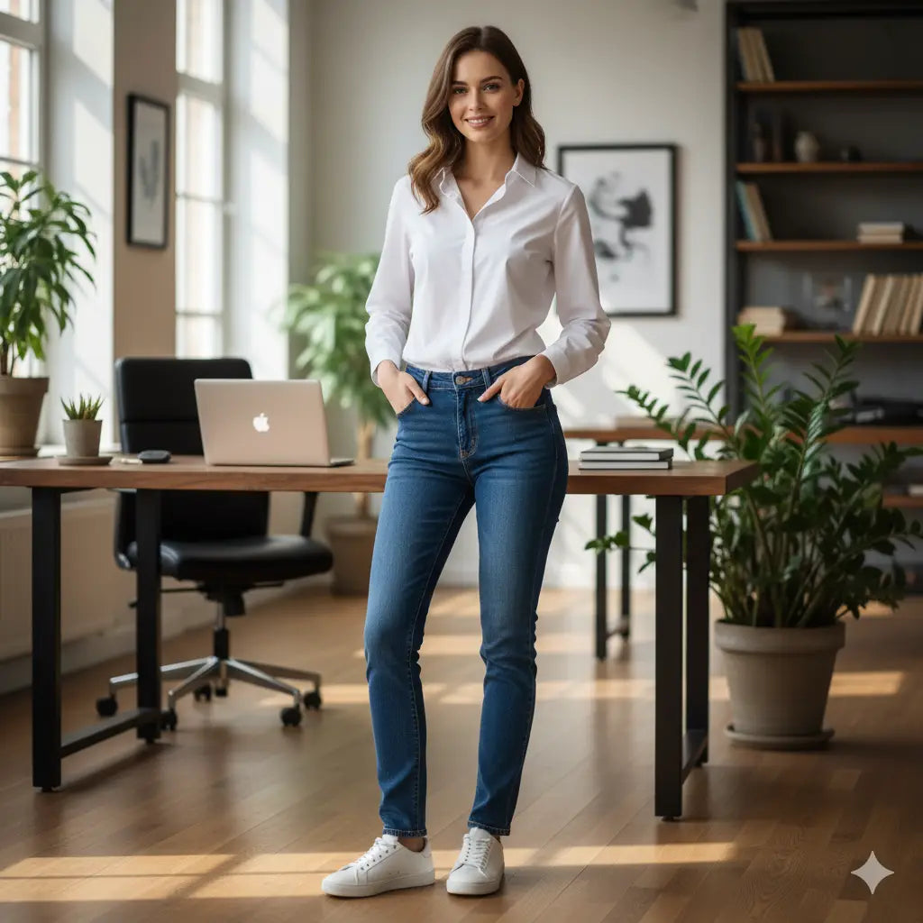 Tenue décontractée du vendredi : chemise boutonnée blanche avec un jean bleu et des baskets blanches