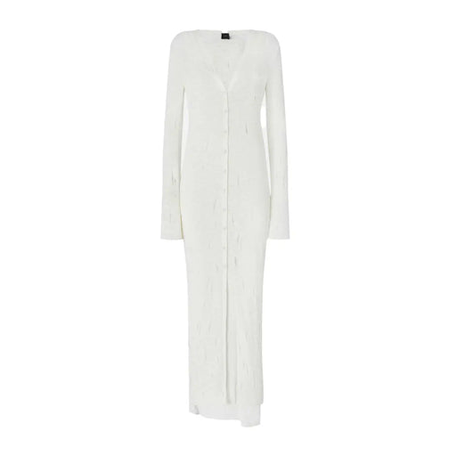 White cotton button front v neck dress by Pinko in a long knit design with subtle texture and button details