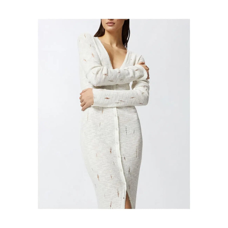 A white cotton knit dress by Pinko with a deep v neckline and front button closure