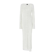 White Cotton Button Front V Neck Dress by Pinko, long knit with subtle texture