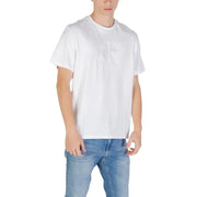 White crewneck T shirt displayed in a product listing on an online clothing store