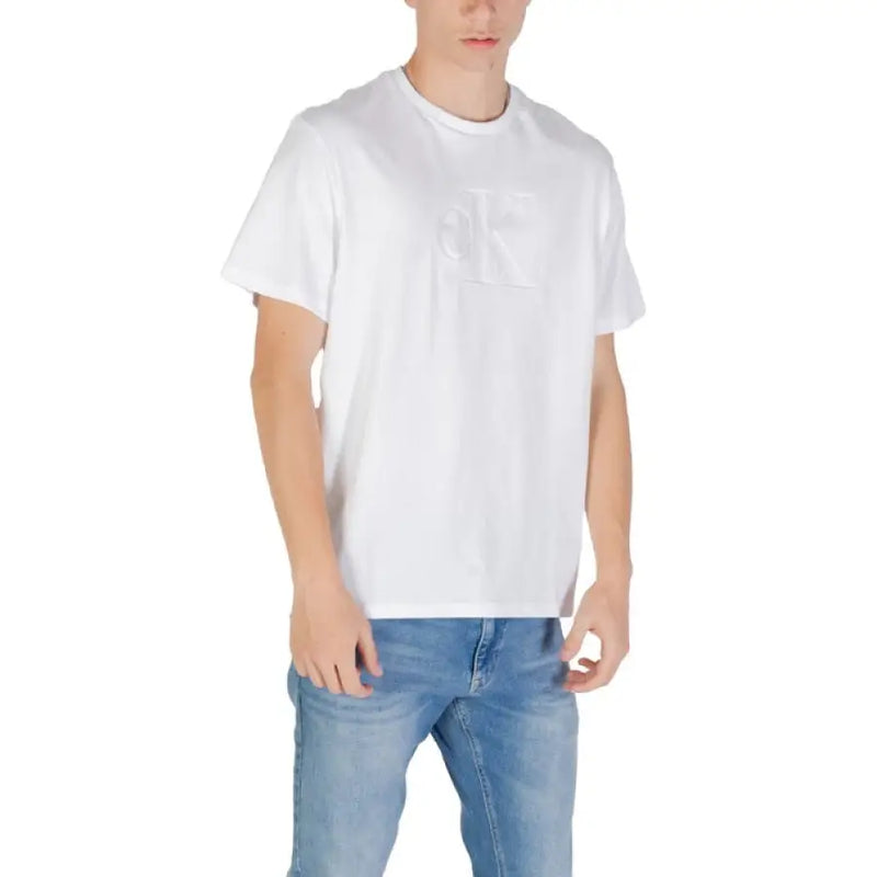 White crewneck T shirt displayed in a product listing on an online clothing store