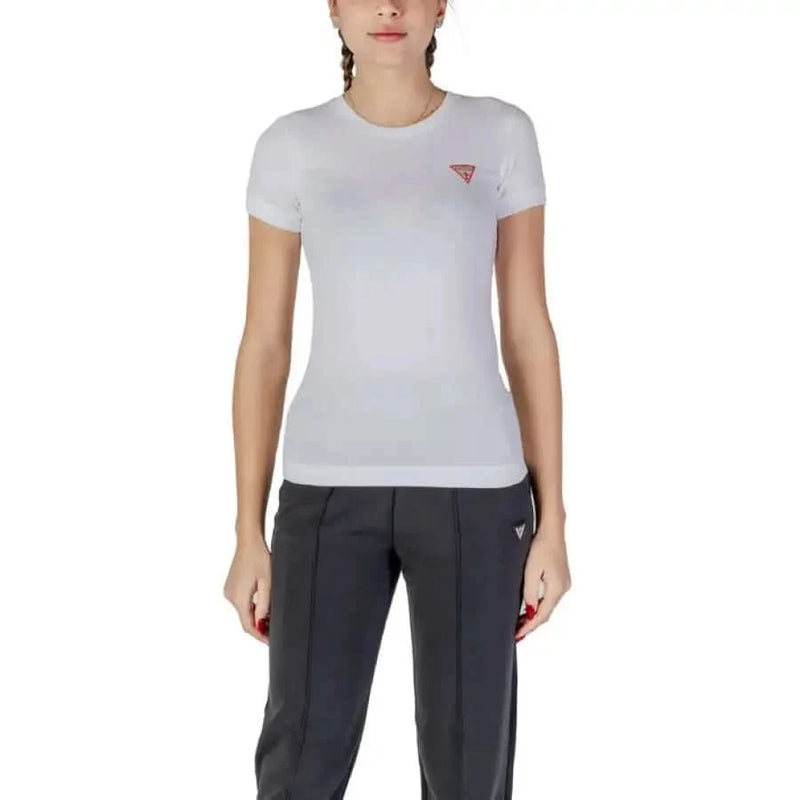 White fitted Guess Women T-Shirt featuring a small red logo on the chest