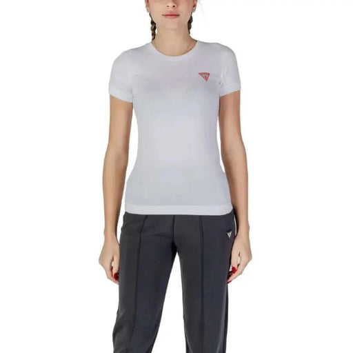 White fitted Guess Women T-Shirt featuring a small red logo on the chest