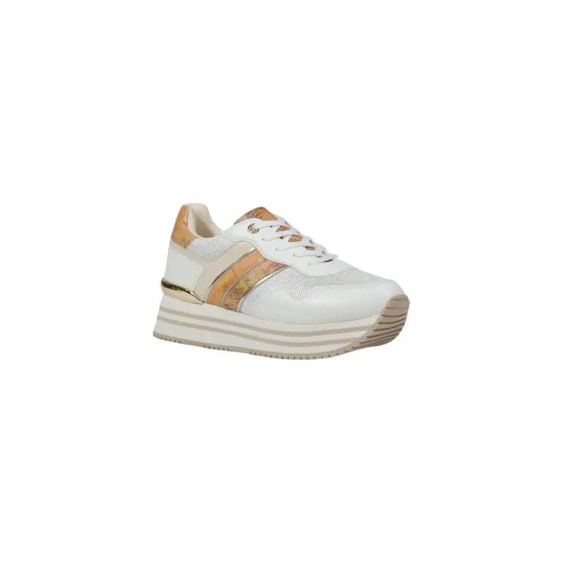 White and gold platform sneaker with a mesh upper and leather overlays featuring tan and gold accents