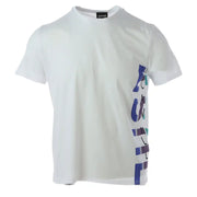 White graphic T-shirt with colorful side design for a stylish casual look
