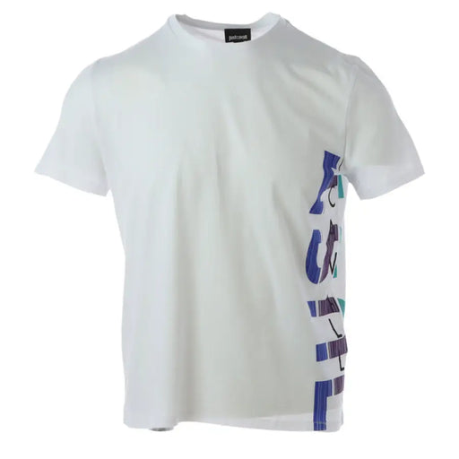 White graphic T-shirt with colorful side design for a stylish casual look
