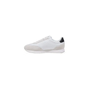 White and gray Calvin Klein running sneaker with black heel accent front view