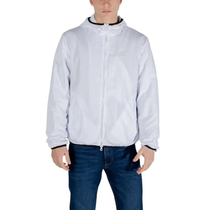 White hooded jacket from EA7 featuring zip closure and front pockets for men
