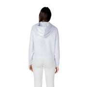 White hooded sweatshirt in soft light blue with relaxed fit and subtle ribbed cuffs for casual comfort