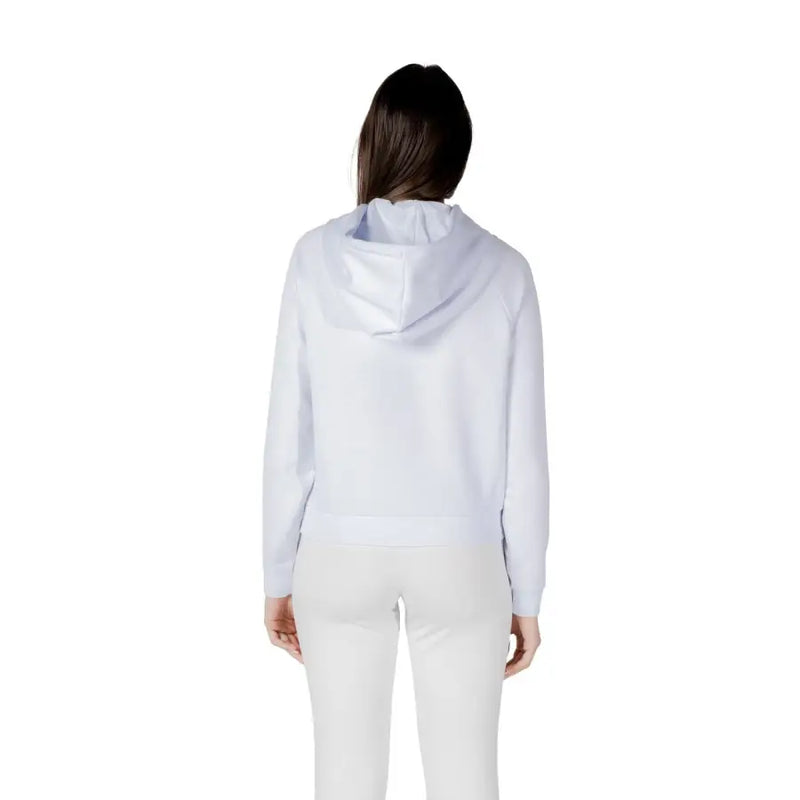 White hooded sweatshirt in soft light blue with relaxed fit and subtle ribbed cuffs for casual comfort