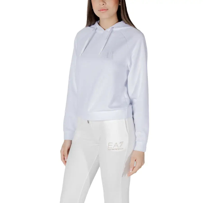 White hooded sweatshirt made of soft fabric featuring a subtle emporio armani ea7 logo embroidered on the chest