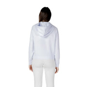 White hooded sweatshirt in soft light blue with relaxed fit and subtle ribbed cuffs for casual comfort