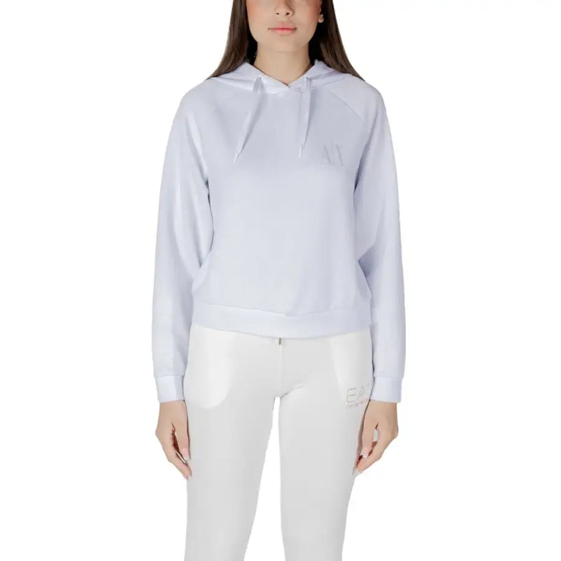 White hooded sweatshirt in soft cotton blend fabric with subtle ea7 logo on chest and left leg