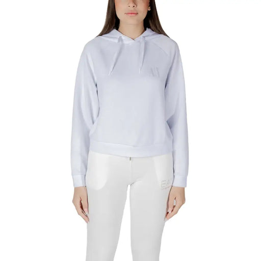 White hooded sweatshirt in soft cotton blend fabric with subtle ea7 logo on chest and left leg