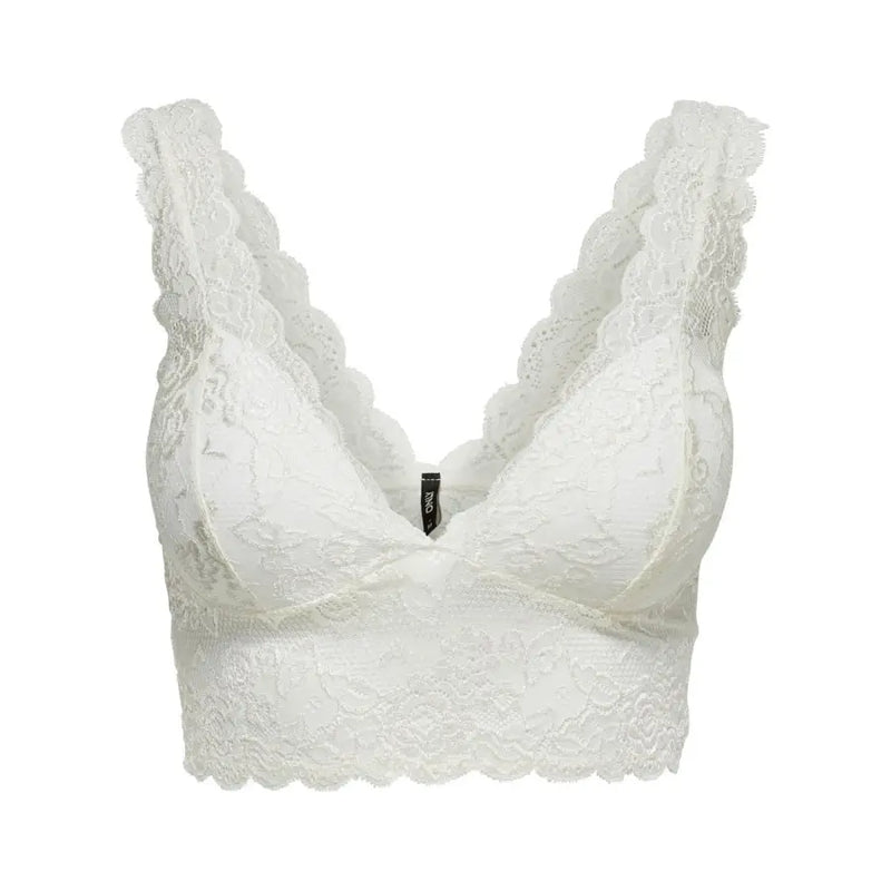 White lace bralette with scalloped edges displayed with Only Black Sleeveless V Neck Womens Polyester Top