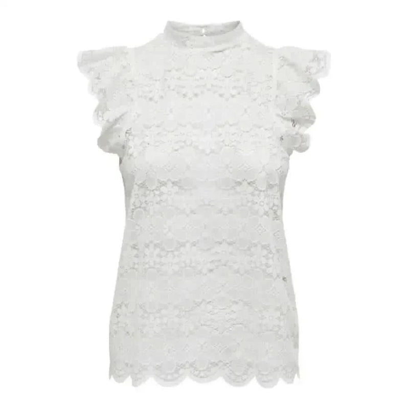White lace sleeveless high-neck top with ruffled shoulders by Jacqueline De Yong