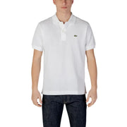 White Lacoste short sleeve polo shirt displayed with classic collar and logo detail